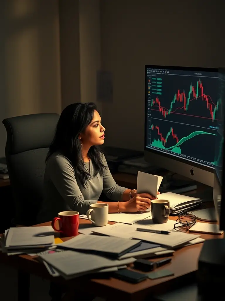 A day trader meticulously analyzing candlestick patterns and technical indicators on a trading platform, preparing to close all positions before the market closes.