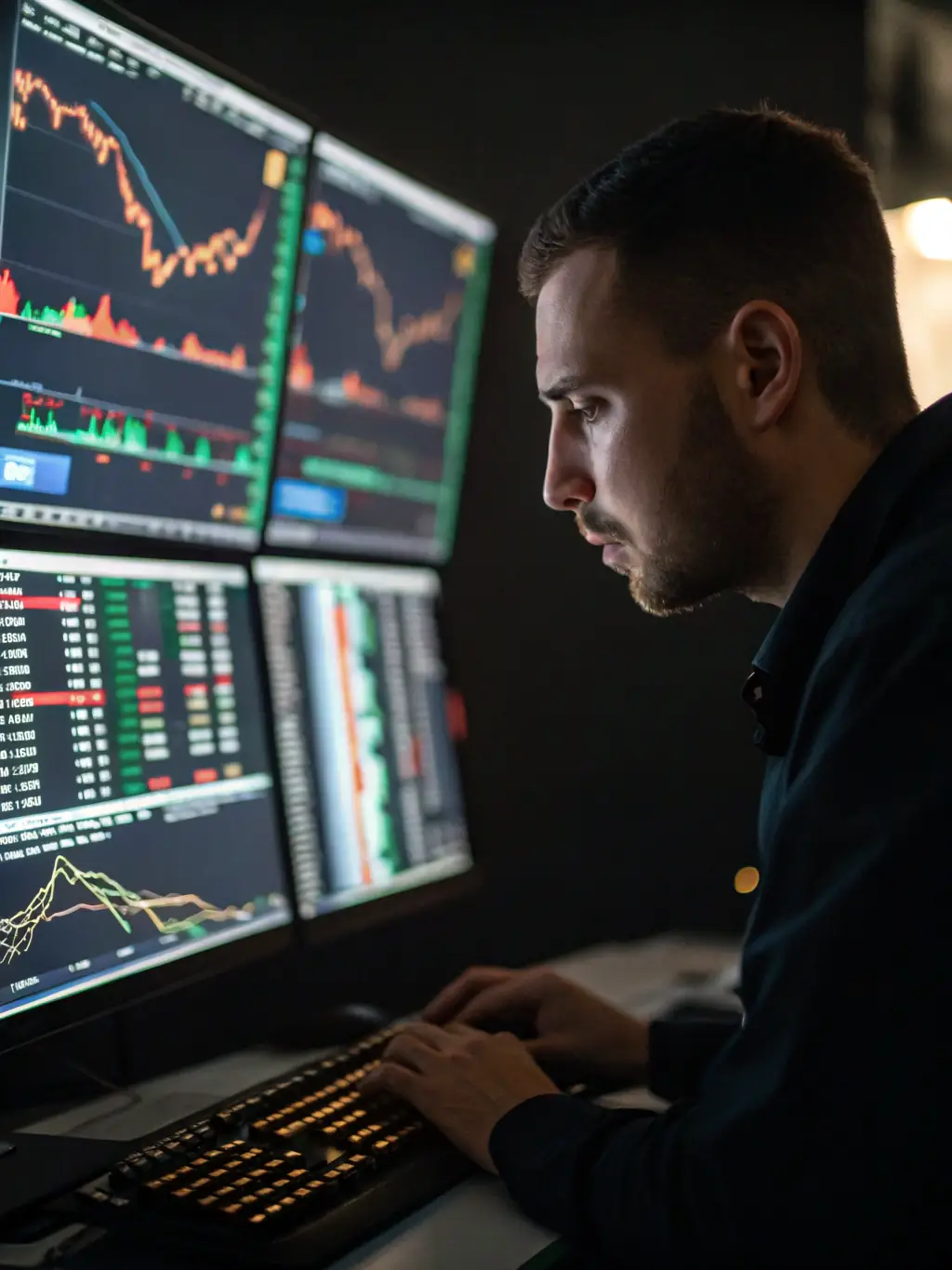 A focused trader executing a scalping strategy, rapidly entering and exiting positions on a multi-monitor setup, capturing small profits from minor price movements.