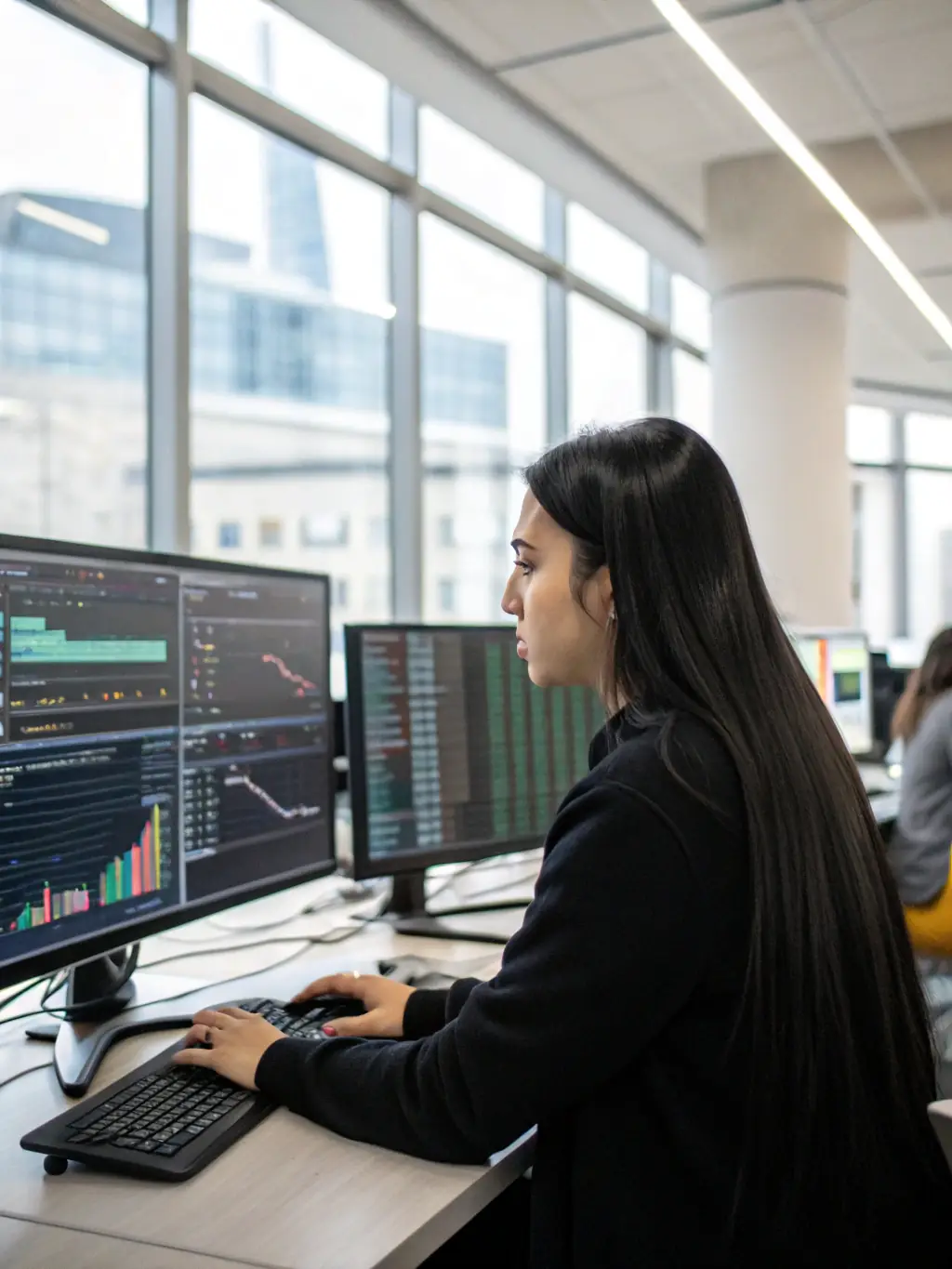 A professional options trader in India, reviewing real-time market data on a multi-monitor setup, highlighting the potential for funded trading opportunities.
