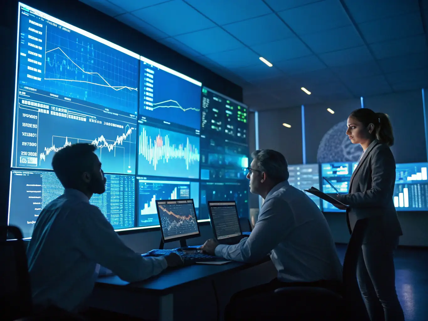 A professional risk manager reviewing real-time market data on multiple monitors in a high-tech office setting, emphasizing the use of technology in risk assessment.