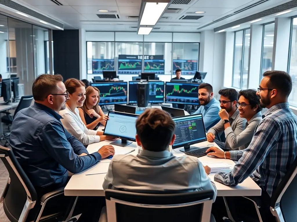 A diverse group of traders collaborating and discussing risk management strategies in a modern office environment, highlighting the importance of teamwork and expertise.