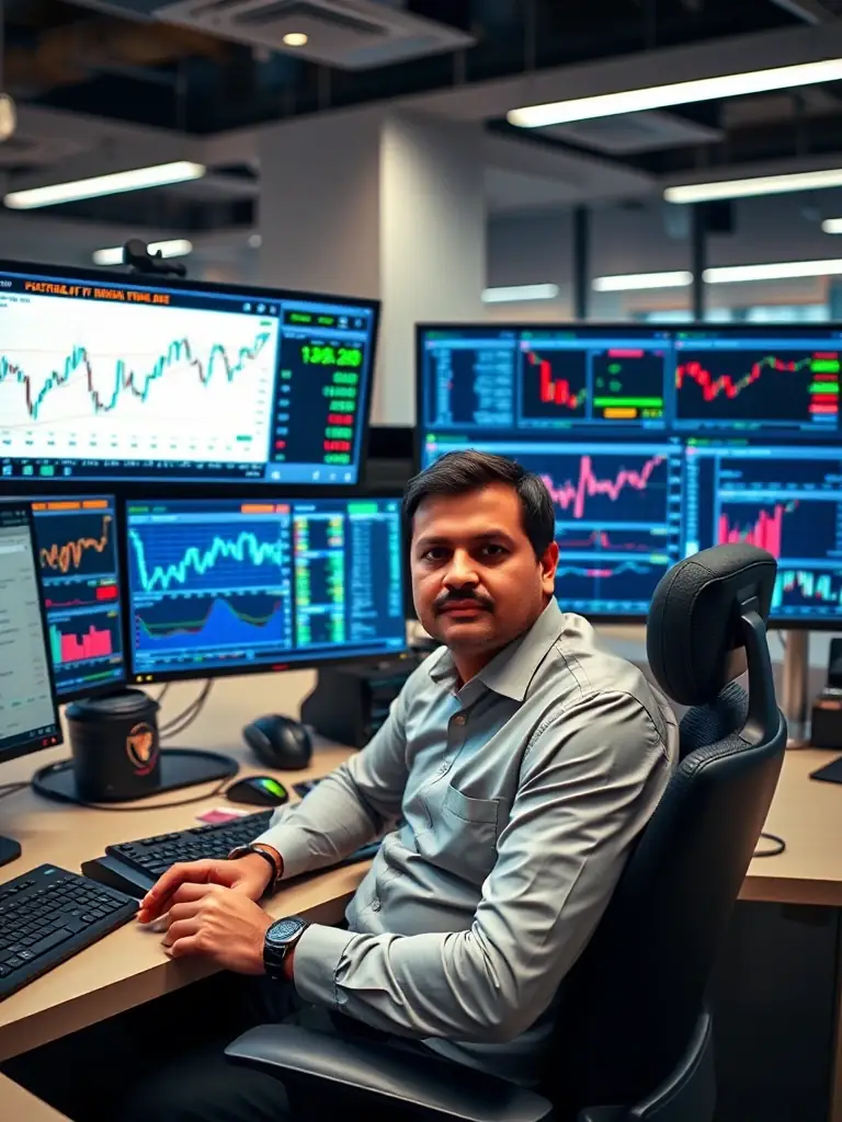 A focused trader intensely analyzing a multi-monitor display showing Indian stock market futures and options data, with charts and real-time feeds visible.