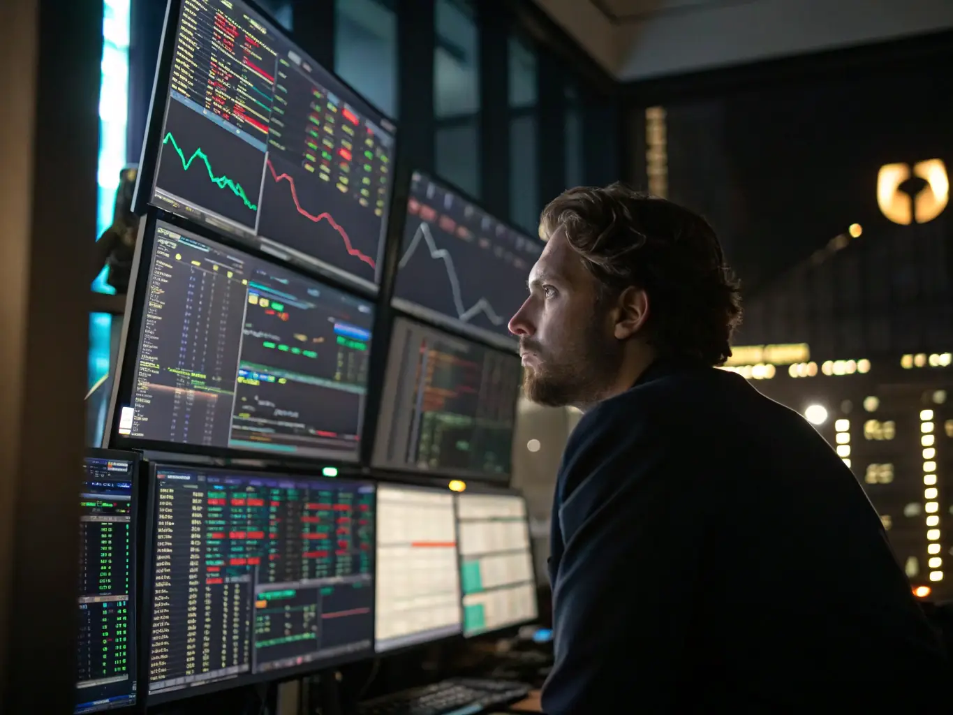 A professional trader analyzing real-time market data on a multi-screen setup, showcasing the use of advanced technology in investment management.